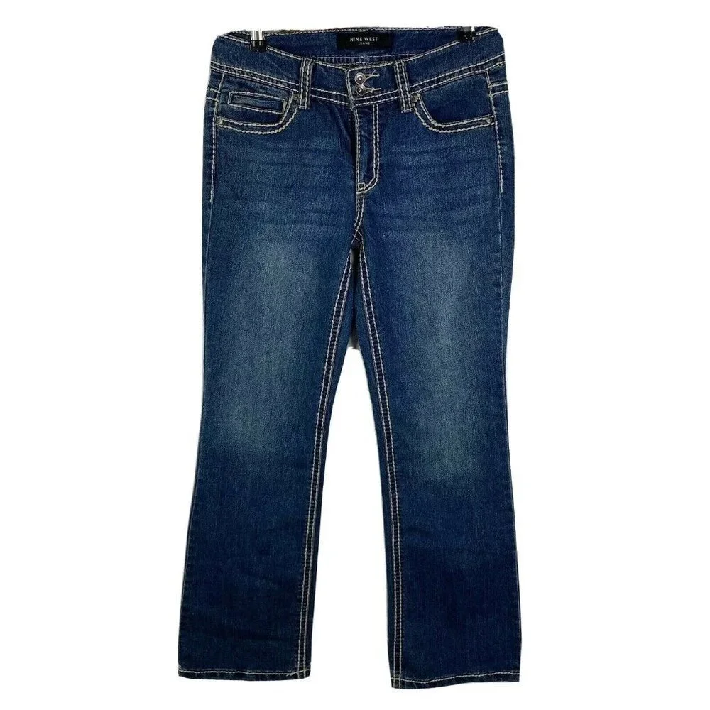 Nine West Boot Cut‎ Denim Jeans Women's 6 Button Flap Bling Pockets Thick Stitch